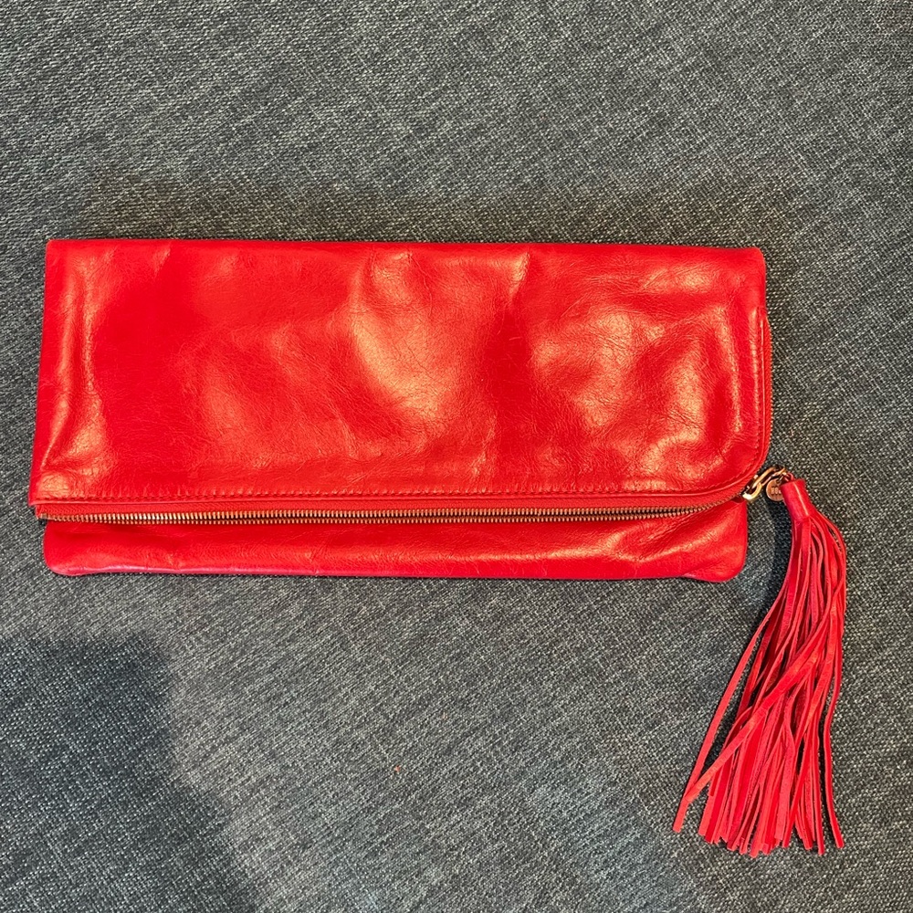HOBO The Original Large Fold Over Clutch Wine Soft Leather Tassel Dust Bag